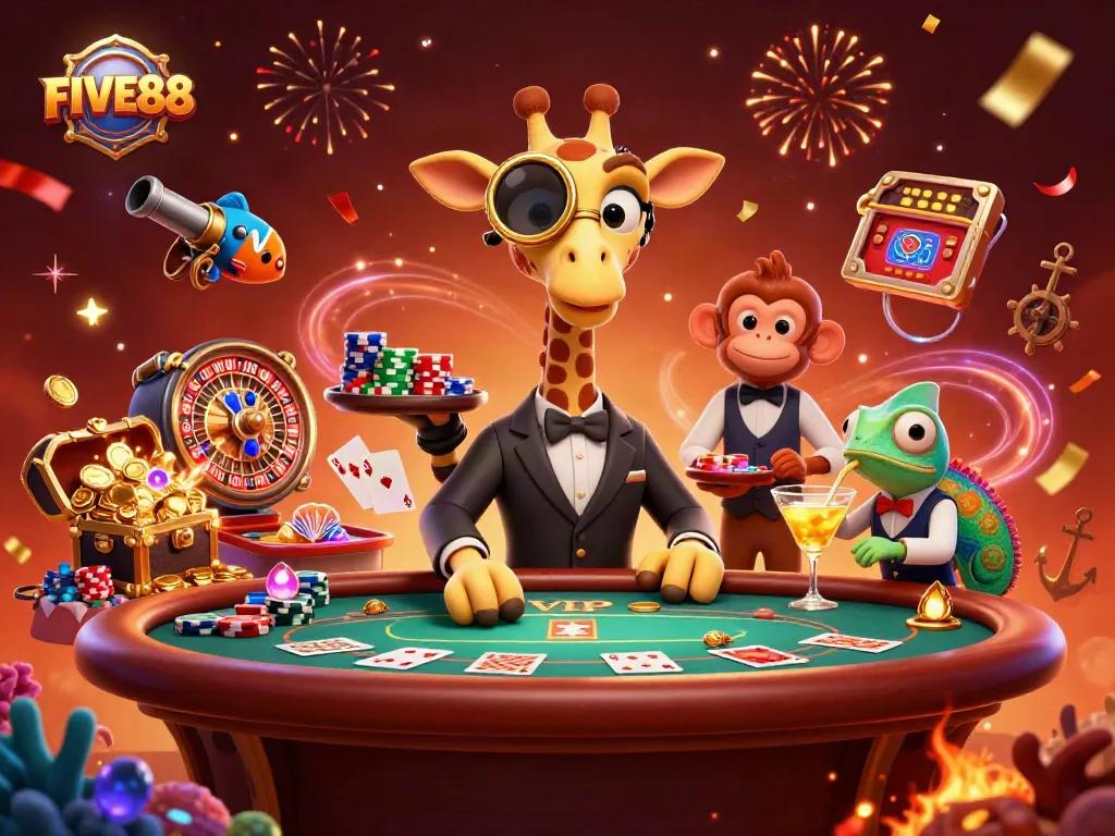 Experience the excitement at FIVE88 with a vibrant poker scene featuring animated characters and casino elements.