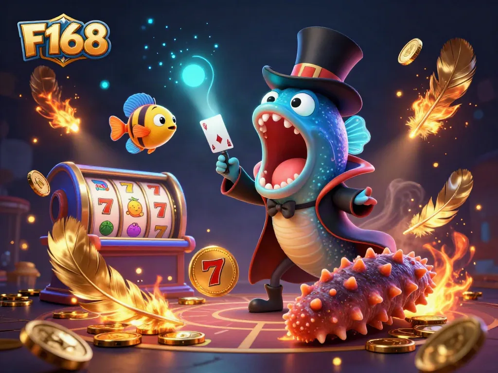 F168 showcases thrilling card tricks and vibrant casino elements featuring unique sea creatures.