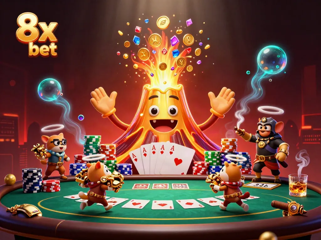 Engage with the thrilling 8x bet experience surrounded by golden eruptions and poker excitement.