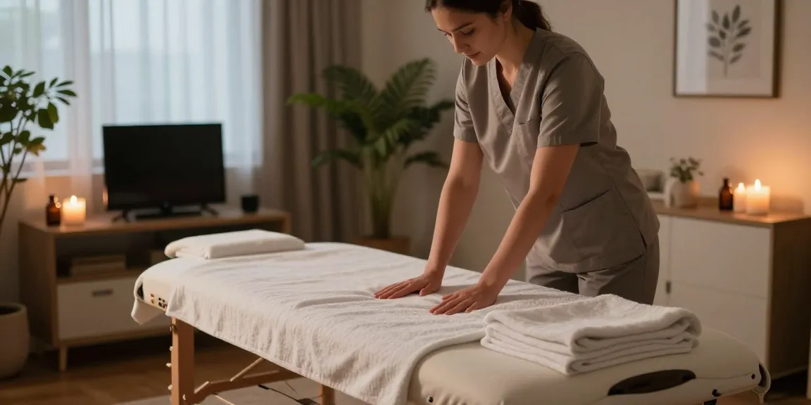 동탄출장안마 service setup with a professional therapist at home, creating a calming atmosphere with essential oils and soft lighting.
