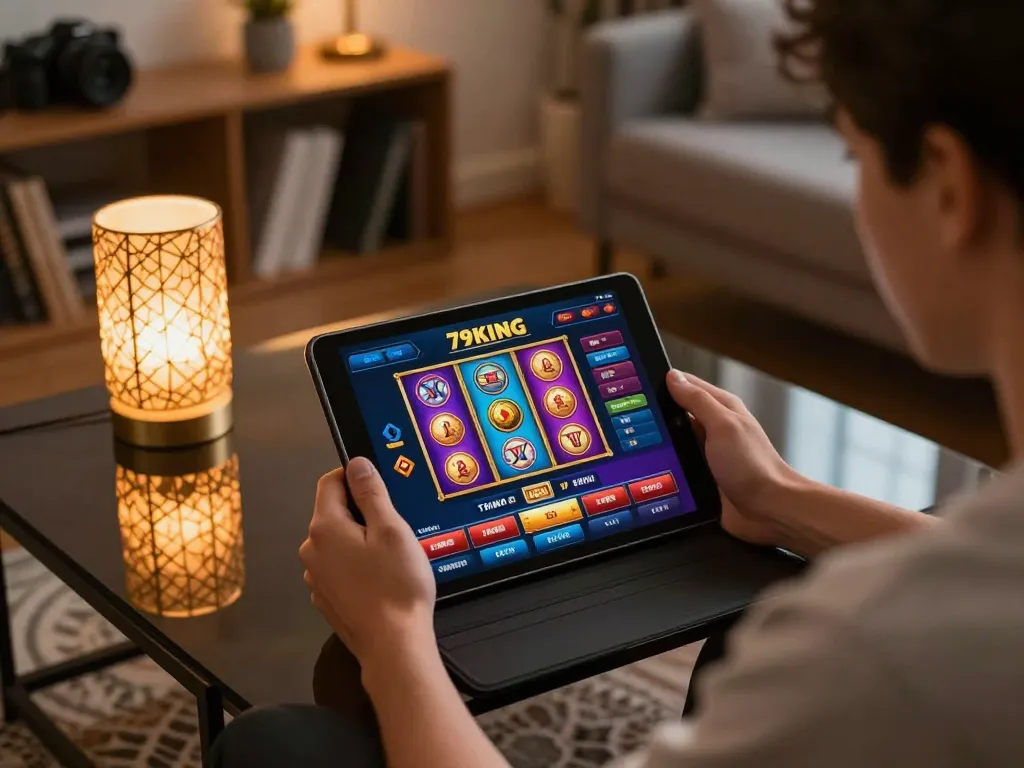 Player enjoying the Thương hiệu 79KING online casino app on tablet in cozy home setting.
