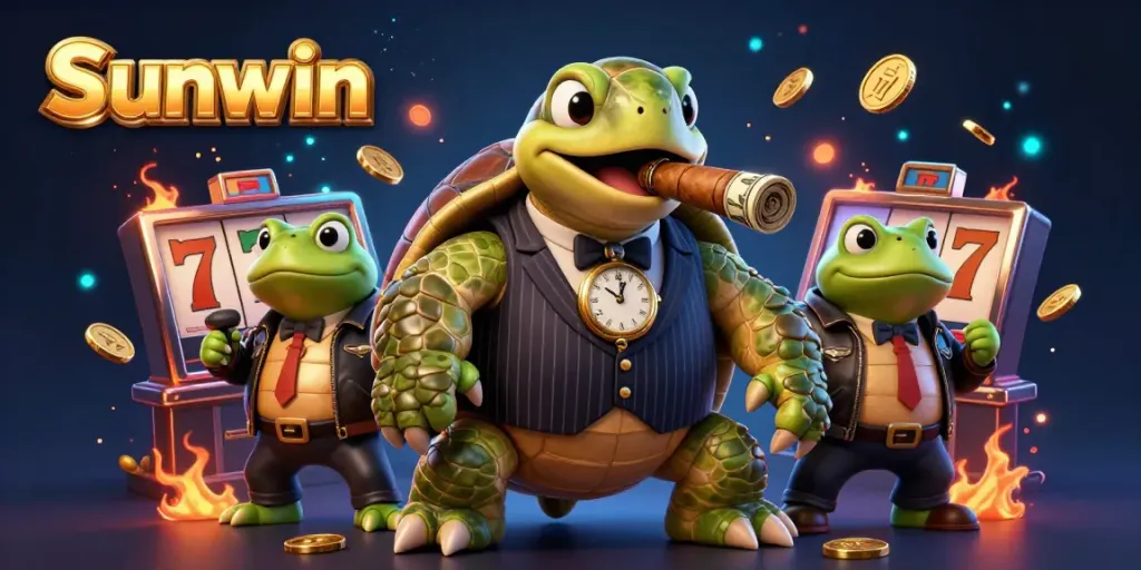Engage in thrilling gameplay with Sunwin, featuring vibrant casino elements, a mobster turtle, and animated gold coins.