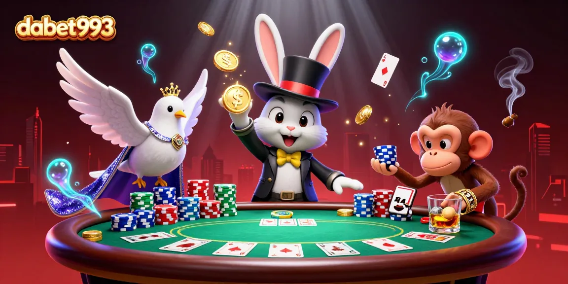 dabet993 features an enchanting casino scene with a magician rabbit, sparkling coins, and poker chips.