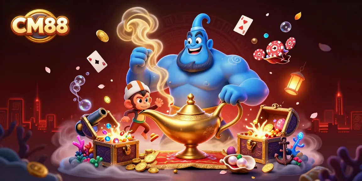 Engage with CM88's immersive casino journey featuring a genie, monkey, and poker chips.