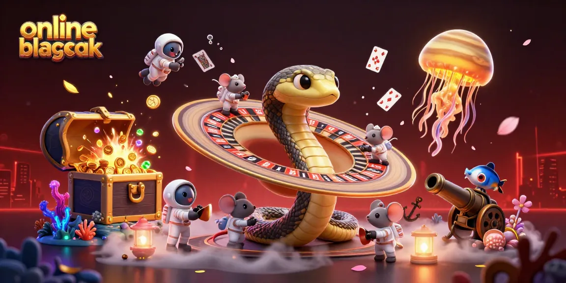 Play online blackjack with casino-themed snake and astronaut mice in a vibrant galaxy scene.
