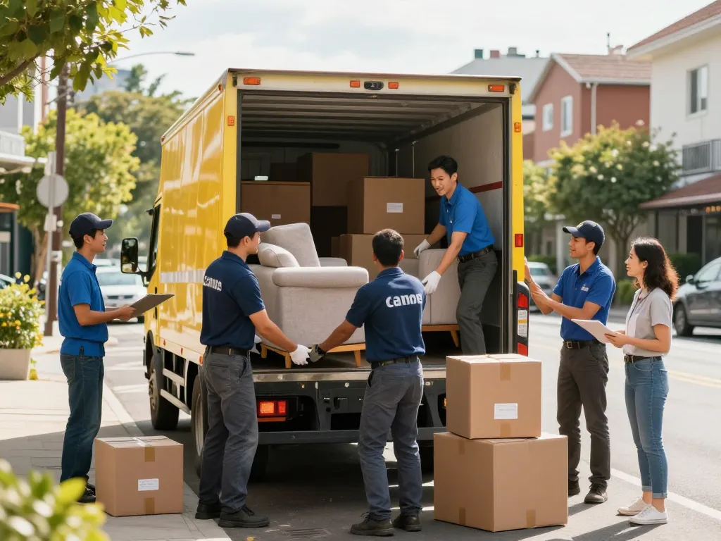 Professionelle Umzugshelfer von umzugsunternehmen Hannover laden einen Lkw sorgfältig und zeigen effiziente und stressfreie Umzugsdienstleistungen.