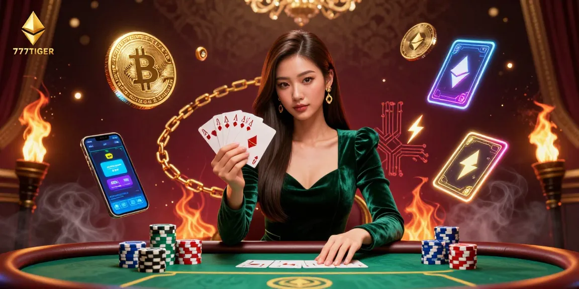 Play poker with high-stakes excitement at 777TIGER, featuring a strategic Asian woman at a luxury table surrounded by illuminated crypto coins.
