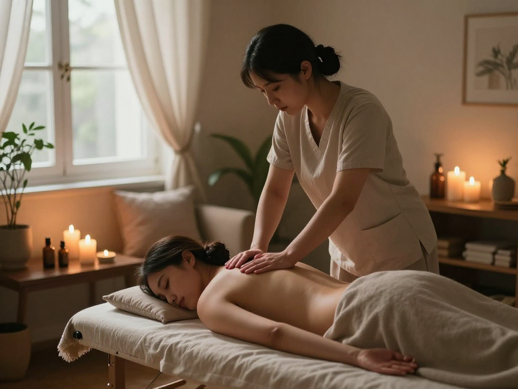 Relaxing 부평출장안마 session at home with a skilled therapist in a tranquil setting.