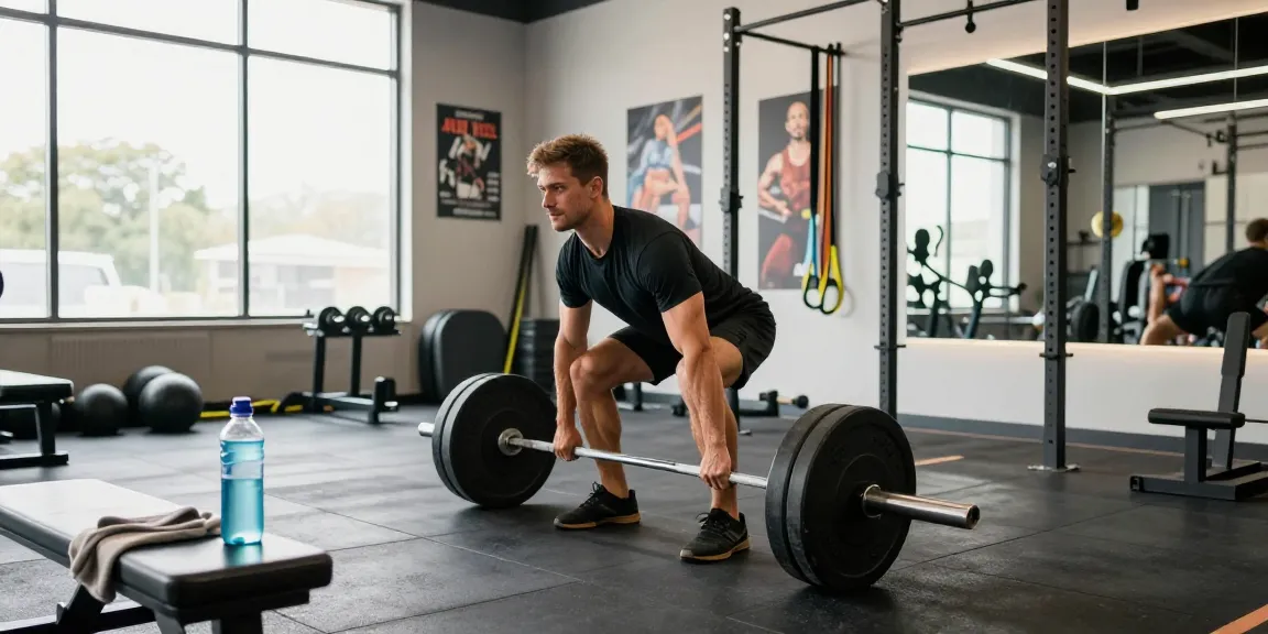 Kraftsportler hebt Gewichte in einem lebhaften Fitnessstudio und bewirbt Anabolika Shop Deutschland für Muskelwachstum.