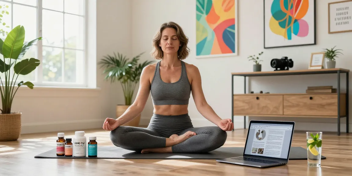 Woman meditating in a bright home office with GHK CU peptide products, promoting wellness and vitality.