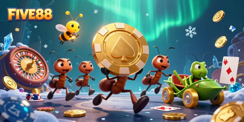 Engage with the thrilling FIVE88 casino experience featuring ants in a heist with a golden poker chip.