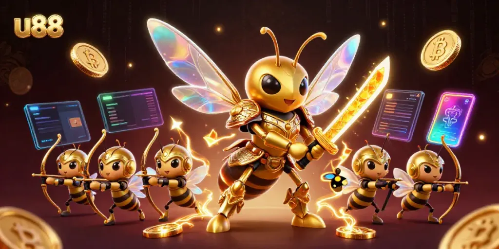 Experience thrilling gameplay at u88 with our dynamic 3D casino illustration featuring unique characters.
