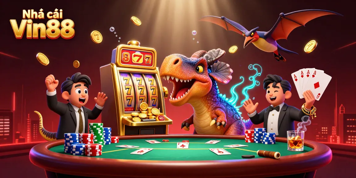 Play slots and win with Nhà cái Vin88 in a fun-filled casino scene featuring dynamic characters.