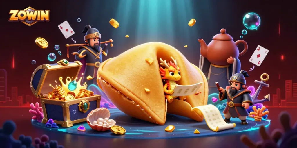 ZOWIN transforms your luck with a vibrant 3D scene filled with fortune and gaming treasures.