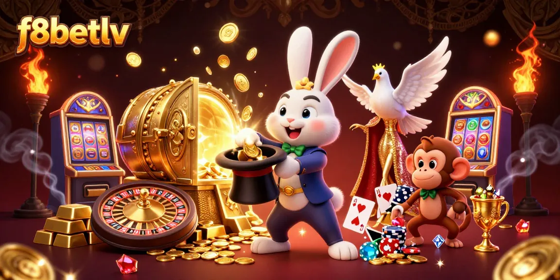 Experience the thrill of f8betlv with a 3D illustration of a magician rabbit, a dove, and a monkey amidst dynamic gaming elements.