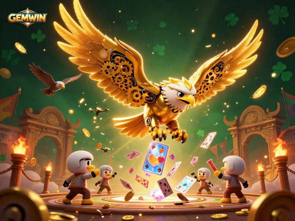 Experience GEMWIN's thrilling gaming adventure with vibrant 3D illustrations of golden eagles and holographic cards.