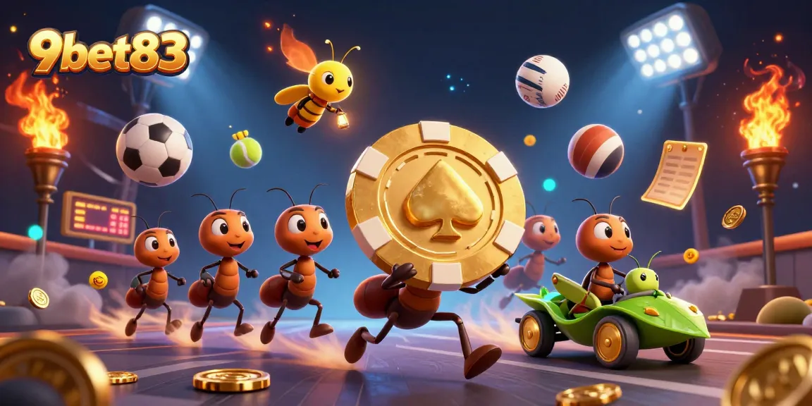 Experience thrilling action with 9bet83 as ants carry a giant poker chip in a vibrant casino heist scene.