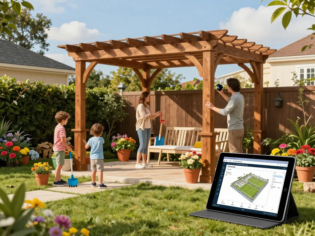 Family configuring a pergola design with a 3D Pergola Configurator in their beautifully landscaped backyard.