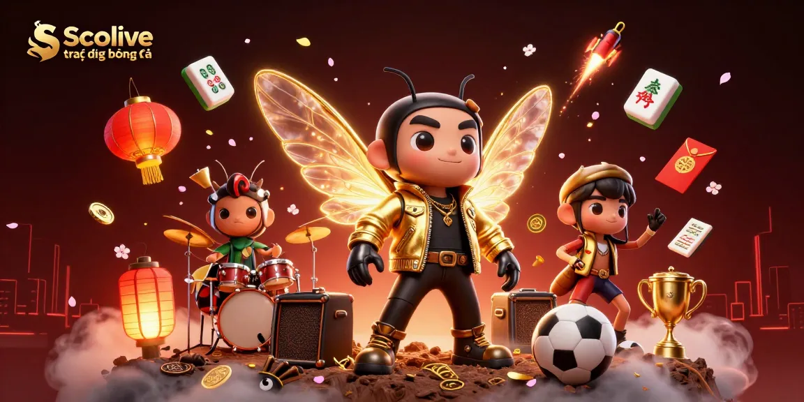 Socolive trực tiếp bóng đá showcases an electrifying scene of sports excitement with dynamic characters and vibrant gambling elements.