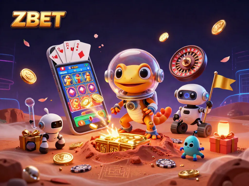 ZBET showcases a Martian gecko exploring a golden casino, igniting excitement in a vibrant gambling revolution.