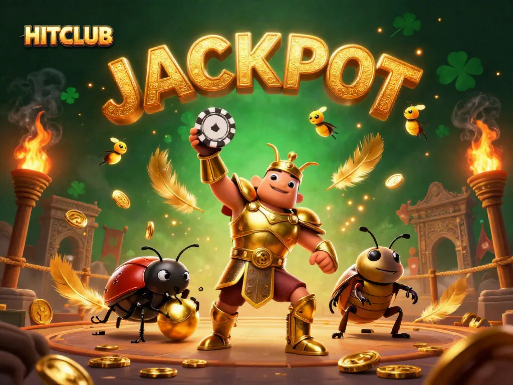 HITCLUB showcases a golden armored beetle celebrating a victory in a casino-inspired arena.
