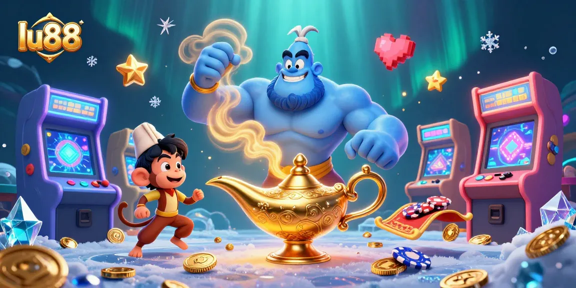 Engage with the excitement of lu88 through a vibrant 3D casino scene featuring a blue genie and poker chips.