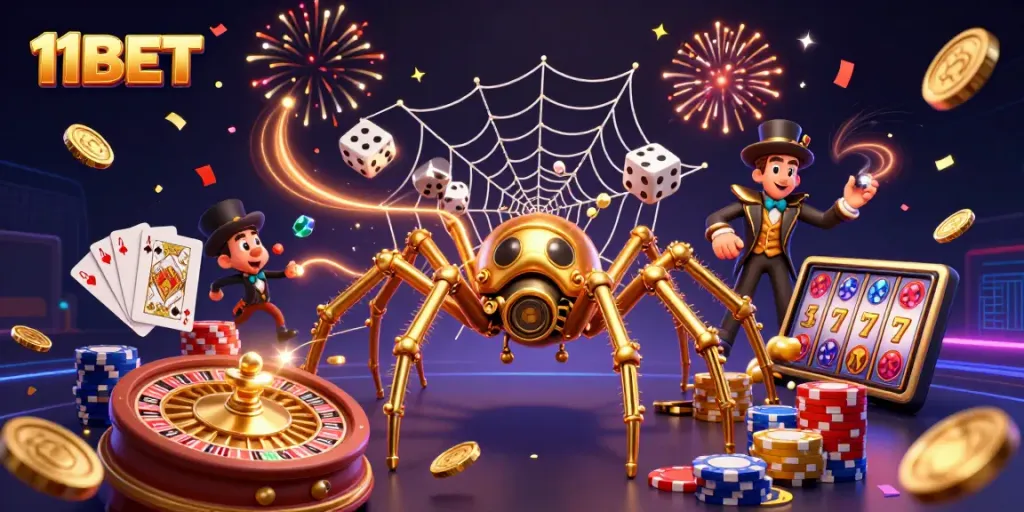 Experience thrilling bets at 11BET with a vibrant 3D casino scene capturing excitement.