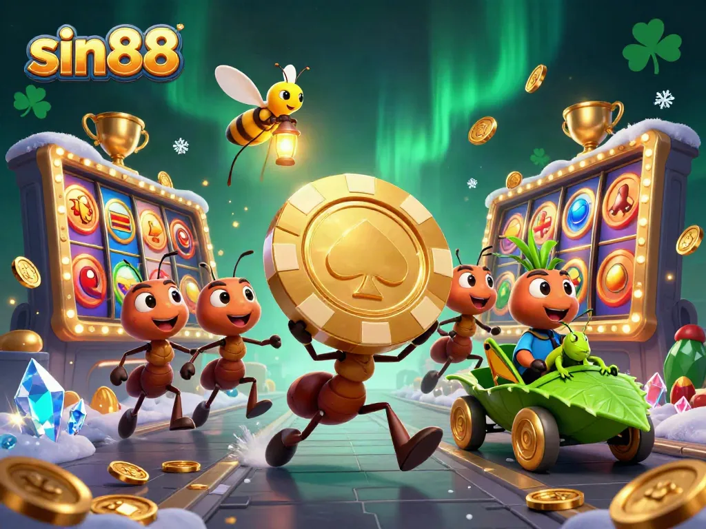 sin88 illustration of animated ants carrying poker chips in a vibrant casino setting
