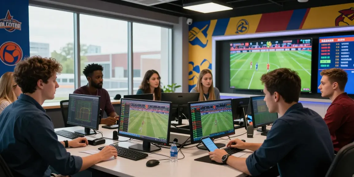 Aktivitas judi bola di studio taruhan dengan peserta bersemangat dan layar menampilkan pertandingan langsung.