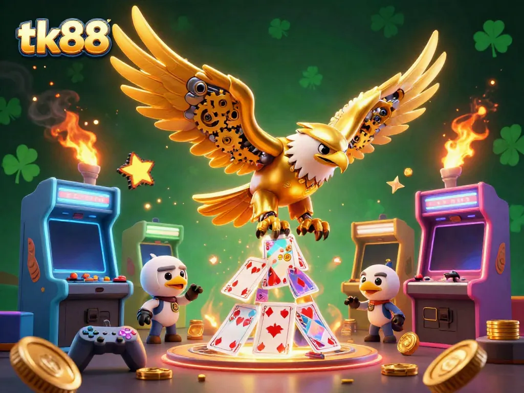 Experience thrilling gameplay with tk88's cybernetic eagle diving through brilliant holographic cards and arcade elements.