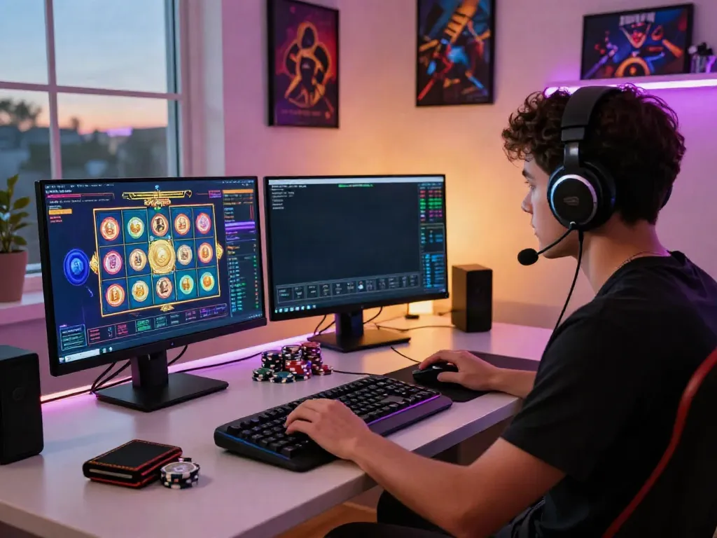 Engaged player enjoying Streek Crypto Casino Canada games in a modern home office.